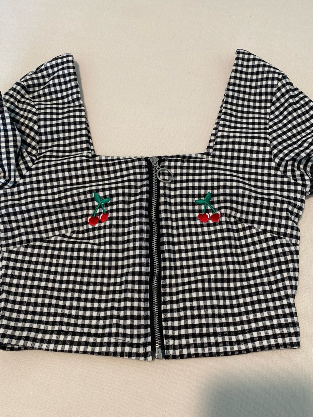 Lazy Oaf Black & White Gingham Zip Crop Top with Cherry Motifs
